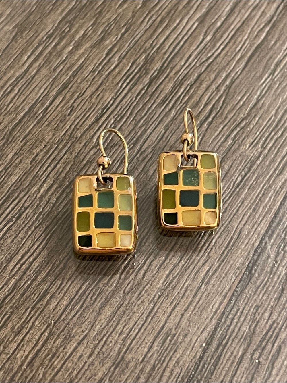 Vintage Rectangular Enamel Mosaic Checkered Drop Earrings - Shades of Green